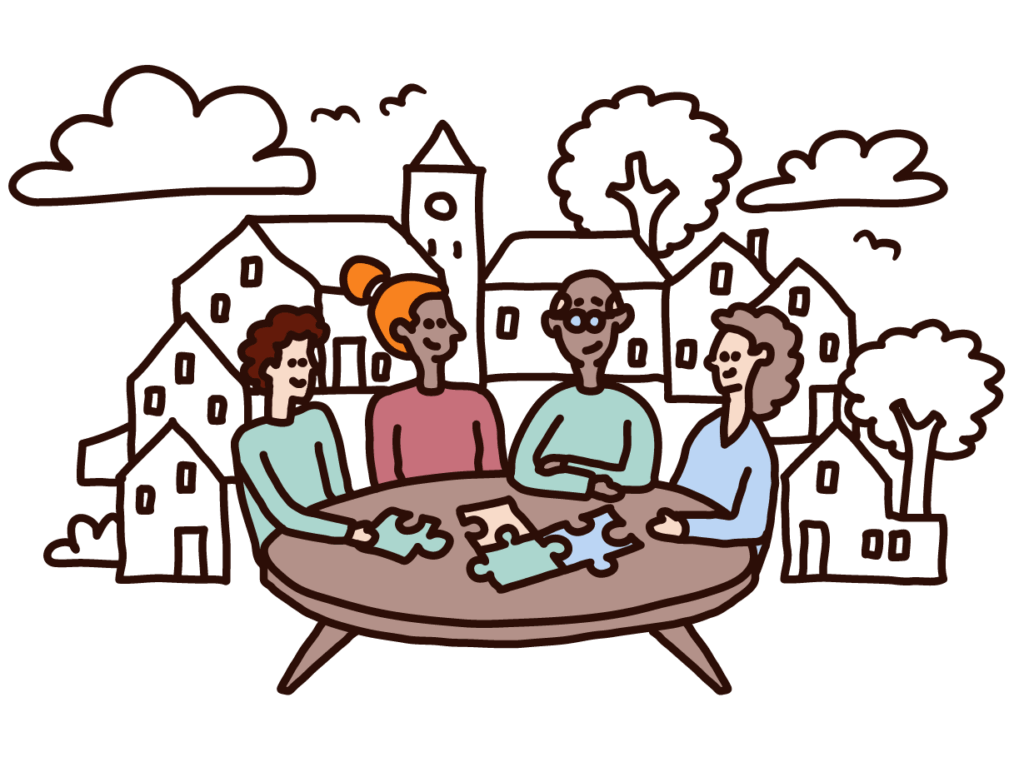 Illustratie mensen aan tafel in een goed gesprek